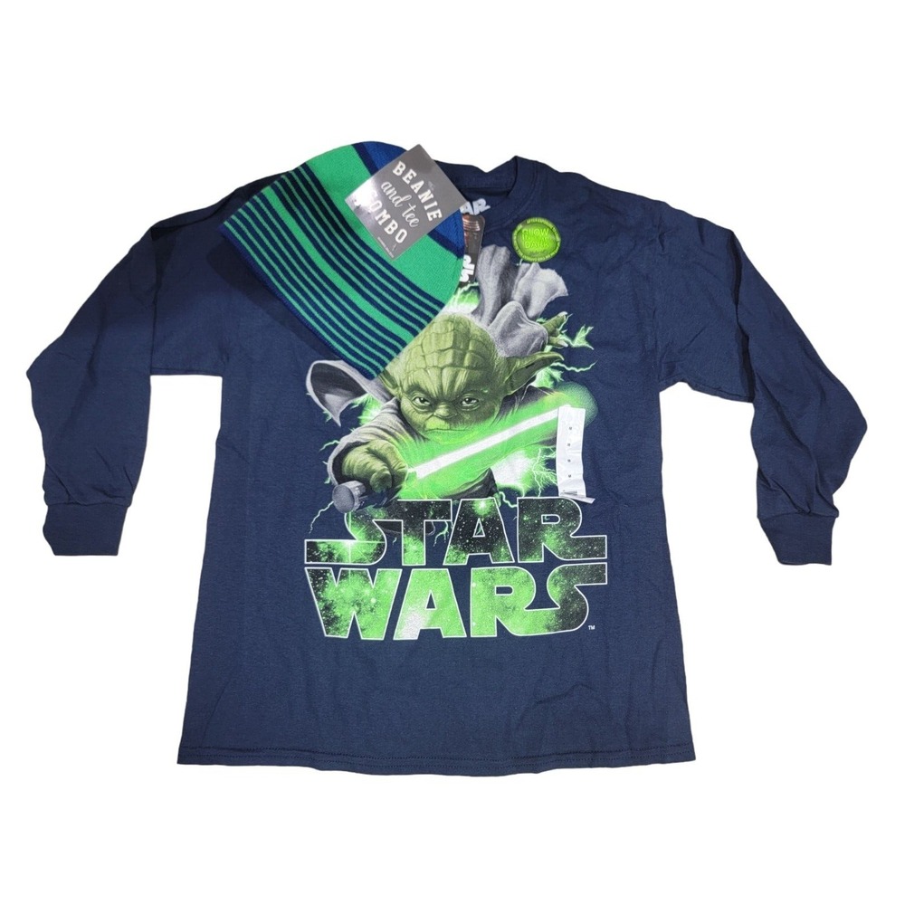 Star Wars‎ Yoda Navy Blue Long Sleeve Glow in the Dark W/Beanie T-Shirt M NWT
